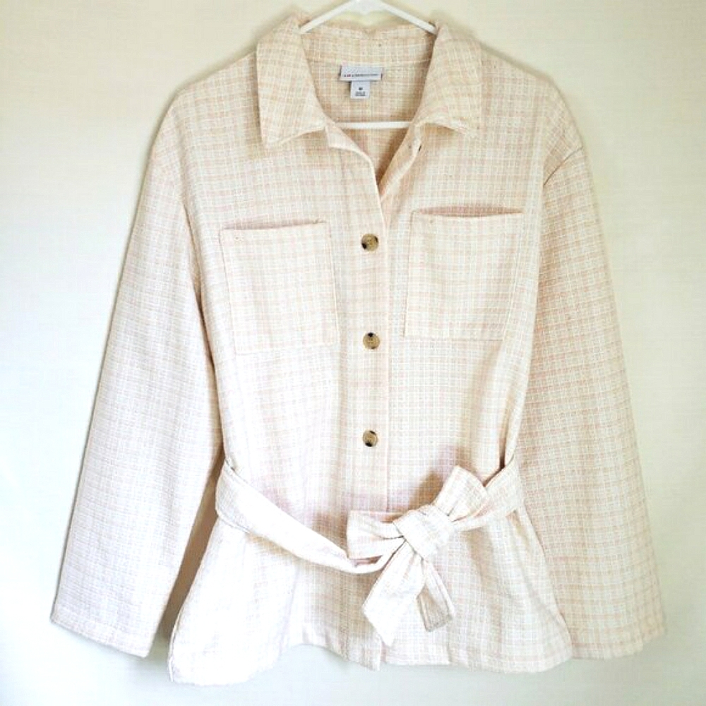 Liz Claiborne Belted Jacket Womens M Pastel Plaid Tweed Over Coat  wool Vintage